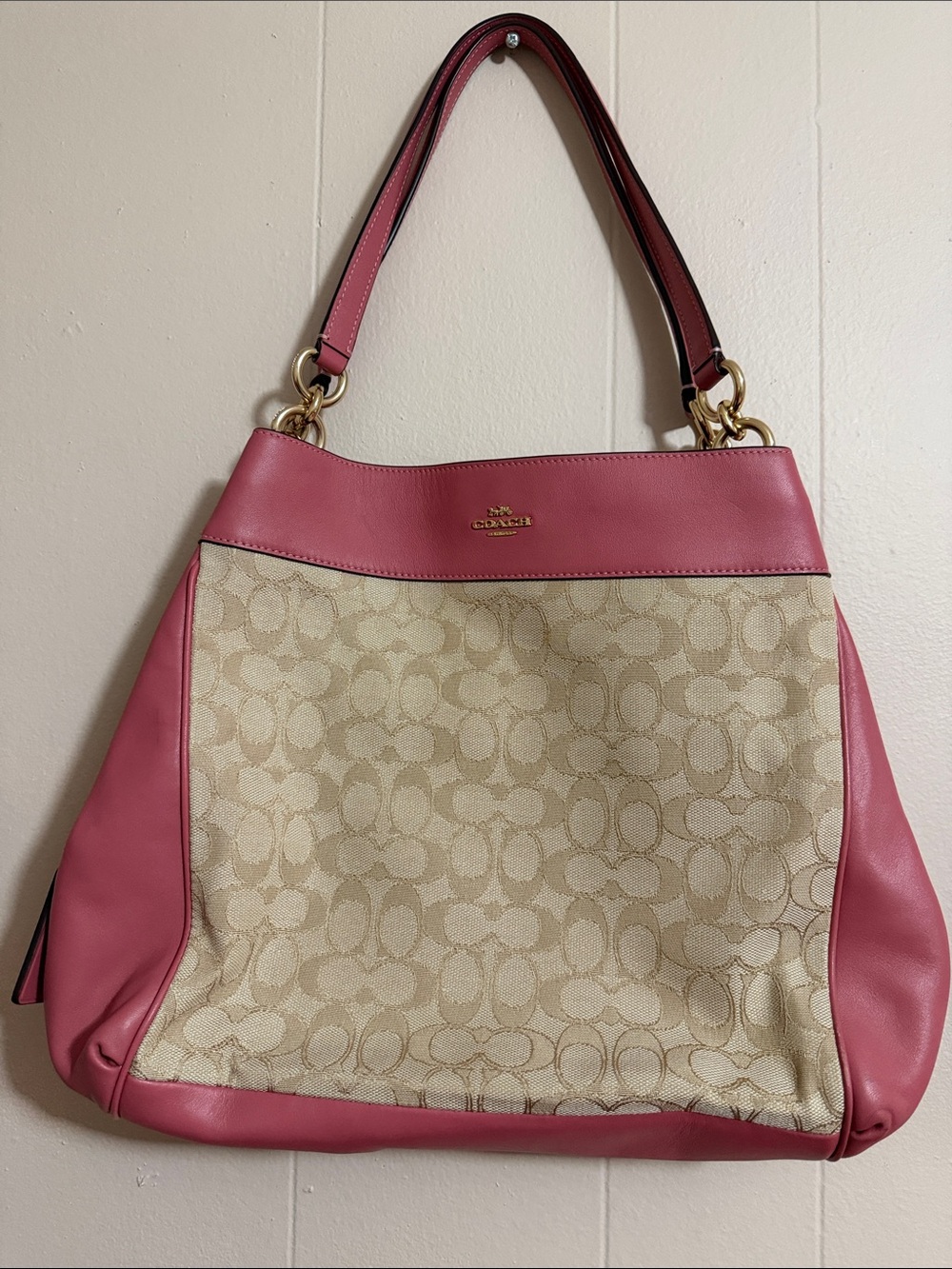 Coach Beige Signature Canvas Shoulder Bag with Pink Leather Trim
